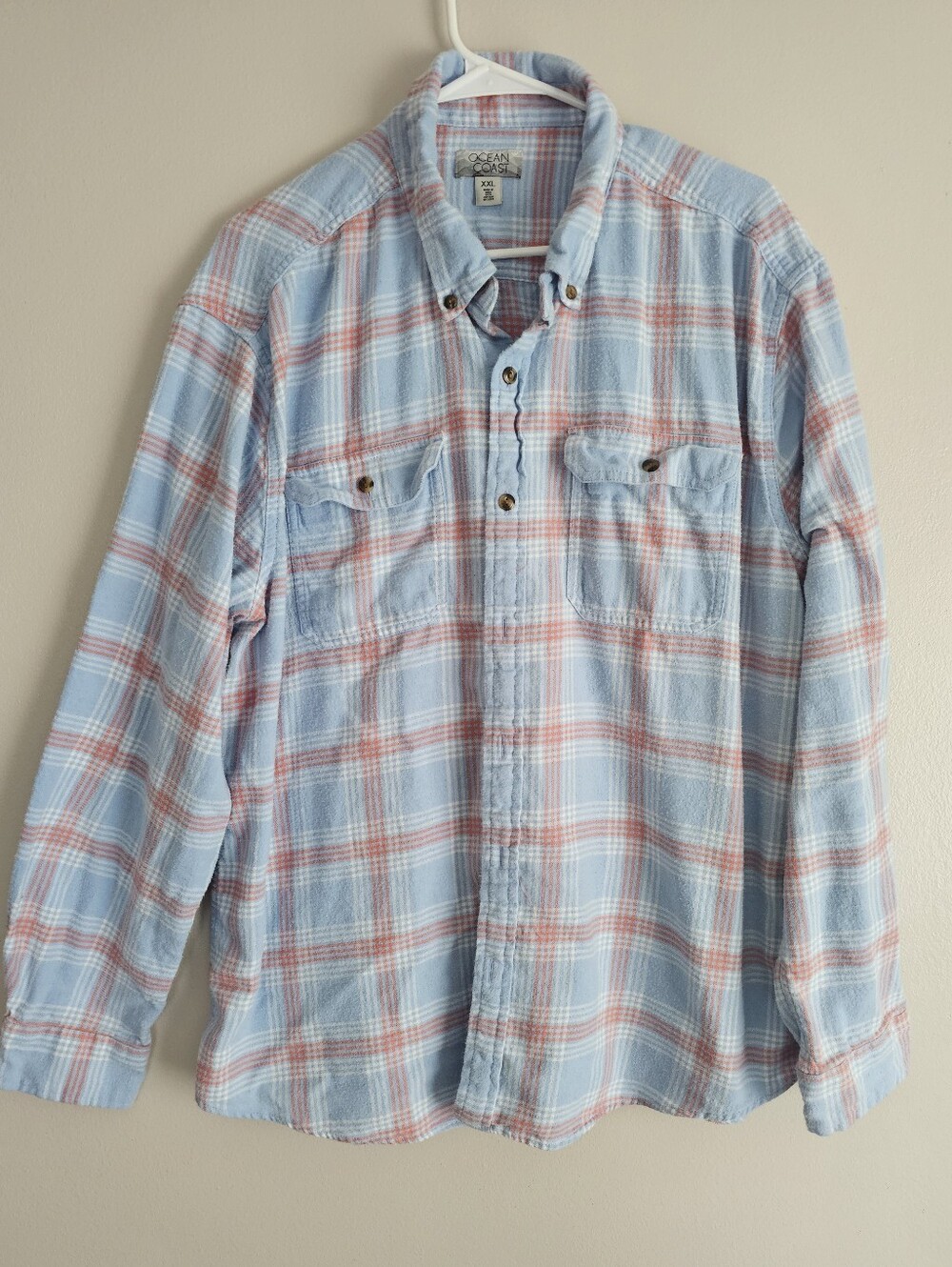 Ocean Coast Men's XXL Light Blue Plaid Flannel Button-Down Shirt